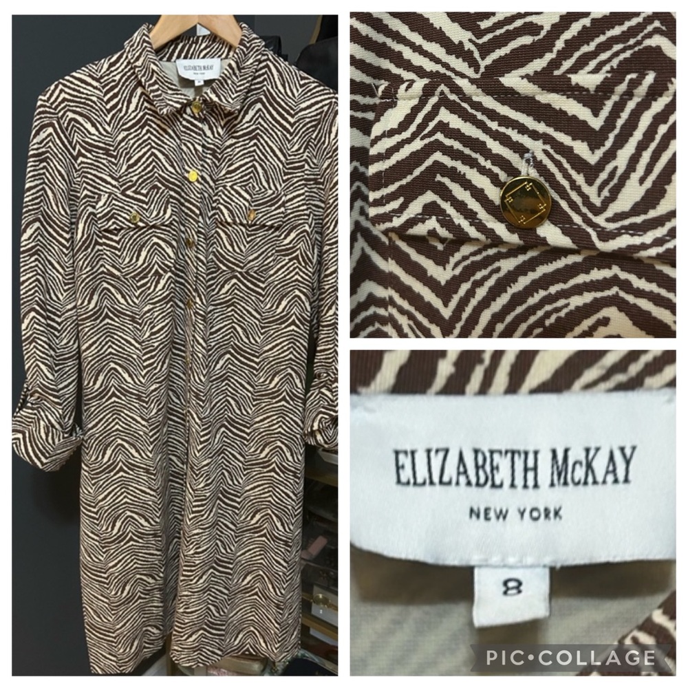 Elizabeth McKay New York Brown Cream Zebra Stripe Button Down Shirt Dress Size 8